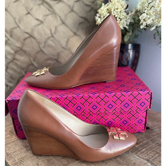 Tory Burch Shoes - Tory Burch Raleigh Wedge Pumps Brown Leather Nutria Gold Sz. 7.5